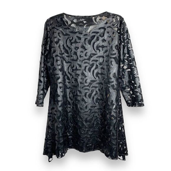 Joseph Ribkoff Vintage Mesh Faux Leather Appliqué Black Mini Swing Dress Size 8 - Picture 8 of 11